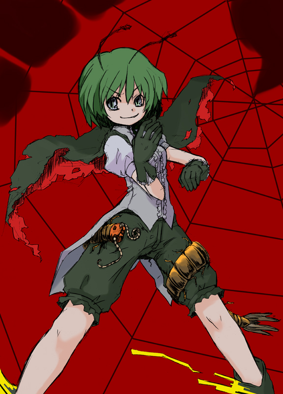 1girl, antennae, black_cape, black_gloves, black_shorts, breasts, bug, cape