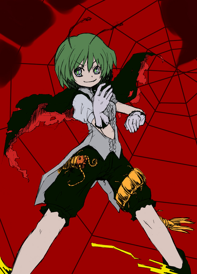 1girl, antennae, black_cape, black_shorts, breasts, bug, cape, center_frills