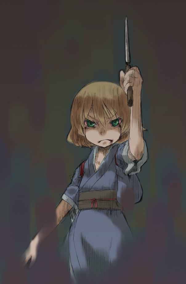 1girl, alternate_costume, black_sash, blonde_hair, blood, blood_from_mouth, bloodshot_eyes, closed_mouth