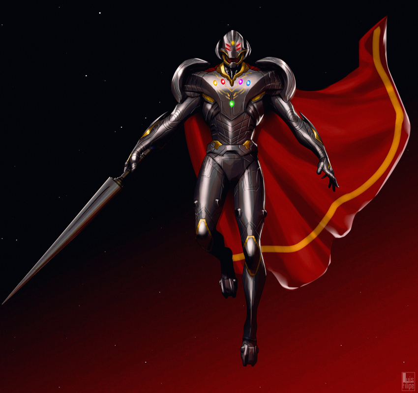 1boy, absurdres, avengers_(series), cape, filipe_sca, full_body, highres, holding, holding_sword, holding_weapon, humanoid_robot, infinity_gems, joints, looking_at_viewer, marvel, red_cape, red_eyes, robot, robot_joints, simple_background, superhero_costume, sword, tagme, two-tone_background, ultron, weapon