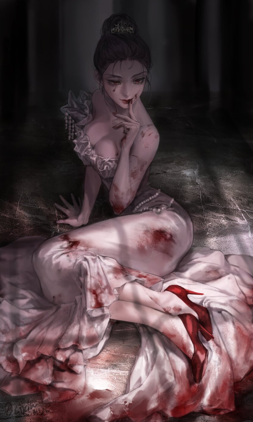 1girl, absurdres, black_dress, black_hair, blood, blood_on_clothes, blood_on_face, breasts, cjjcha, cleavage, dress, hair_bun, high_heels, highres, original, red_shoes, shoes, single_hair_bun, sitting, solo, vampire
