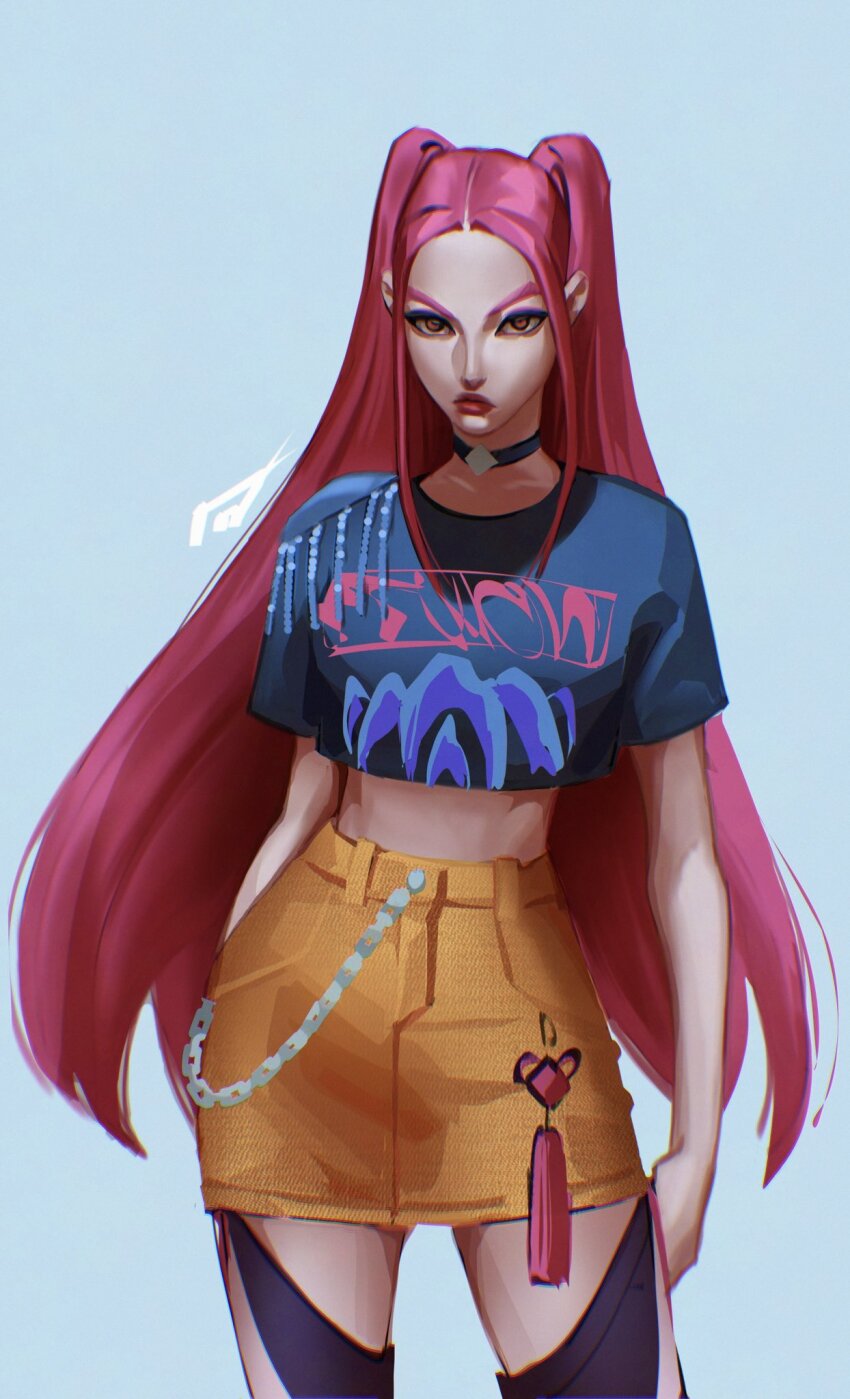 1girl, blue_background, chain, choker, closed_mouth, commentary, cowboy_shot, crop_top