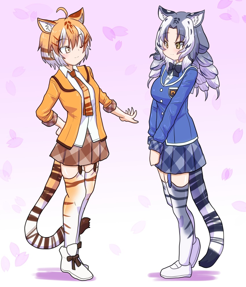 2girls, absurdres, animal_ears, animal_print, blue_bow, blue_bowtie, blue_hair, blue_jacket