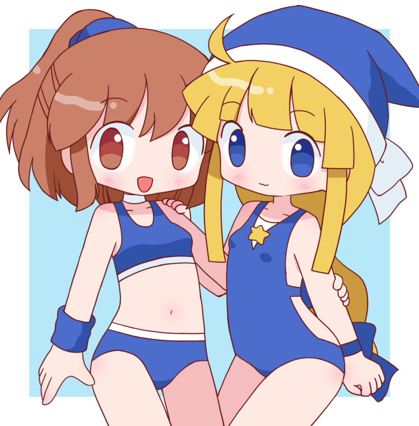 2girls, arle_nadja, arm_warmers, bikini, blonde_hair, blue_bikini, blue_eyes, brown_eyes, brown_hair, choker, compile, hakunetsu!_puyolympic!, hand_on_another's_shoulder, hat, highres, long_hair, looking_at_viewer, mabonasu6, madou_monogatari, medium_hair, multiple_girls, one-piece_swimsuit, open_mouth, ponytail, puyopuyo, sega, smile, sports_bikini, swimsuit, witch_(puyopuyo)