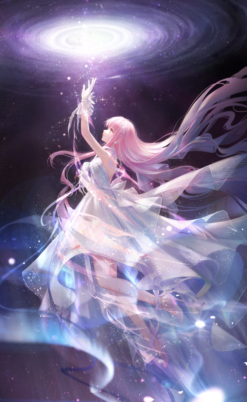 1girl, absurdly_long_hair, ankle_bow, ankle_ribbon, artist_request, bare_shoulders, bow, brown_eyes, dress, floating, floating_clothes, floating_hair, frilled_gloves, frills, full_body, game_cg, gloves, gown, guides_of_star_(shining_nikki), high_heels, highres, long_dress, long_hair, long_sidelocks, looking_up, nebula, nikki_(nikki), nikki_(series), official_art, parted_lips, pink_bow, pink_hair, pink_shoes, pointy_nose, ribbon, shining_nikki, shoes, sidelocks, sleeveless, sleeveless_dress, solo, space, torn_bow, very_long_hair, wavy_hair, white_bow, white_dress, white_gloves, wrist_bow