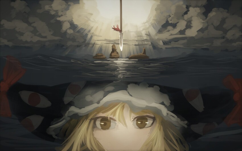 1girl, blonde_hair, bow, brown_hat, cloud, commentary_request, gap_(touhou), grey_sky