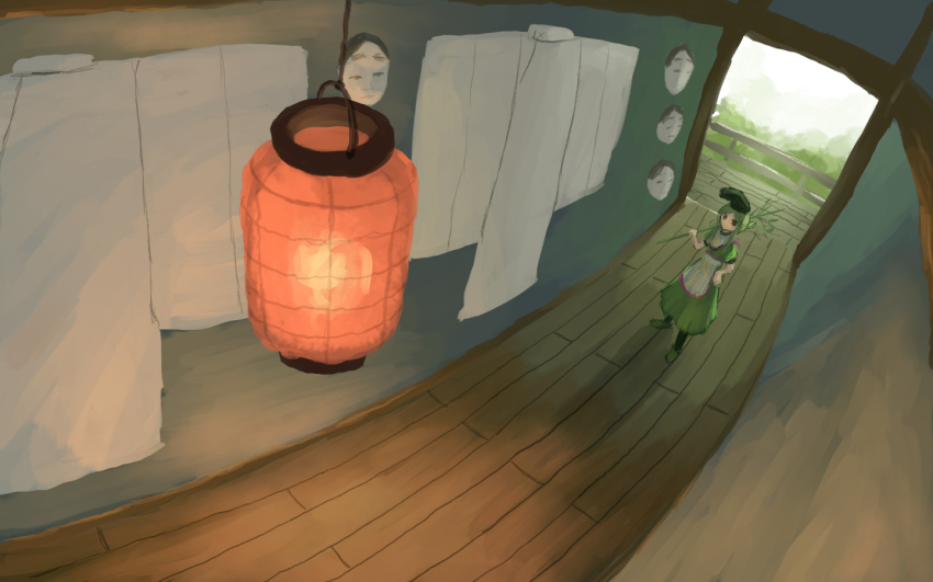 1girl, apron, black_hat, commentary_request, dress, fisheye, full_body, green_dress