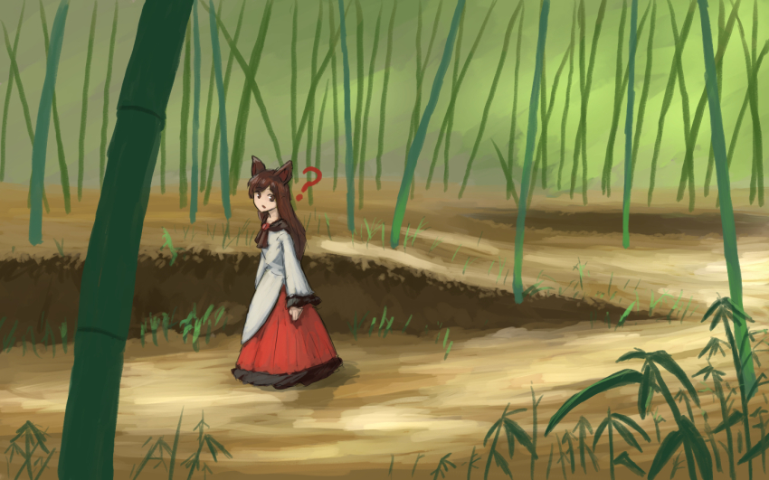1girl, ?, animal_ears, bamboo, bamboo_forest, brooch, brown_hair, commentary_request