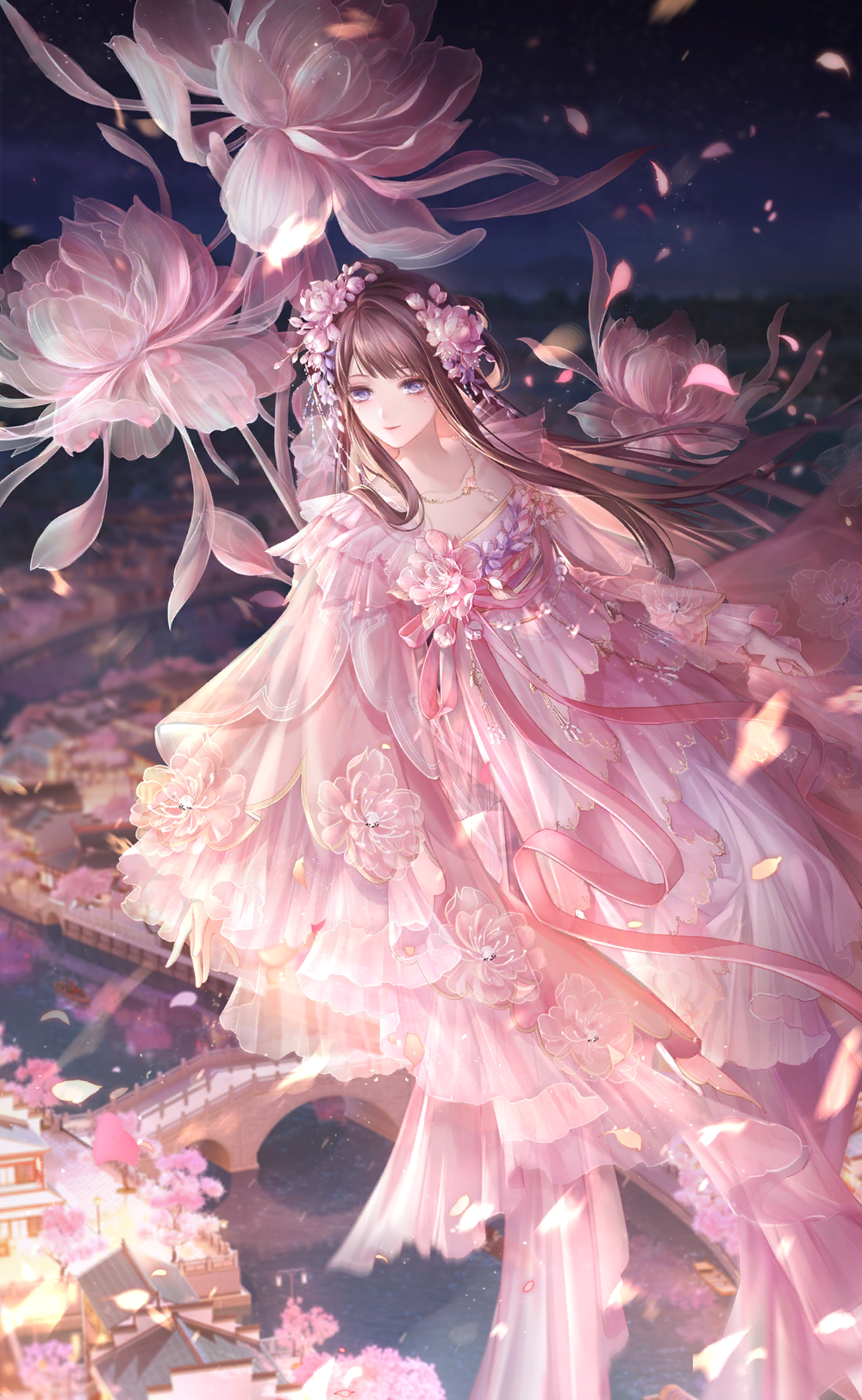 1girl, architecture, artist_request, bow, bowtie, breasts, bridge, brooch, brown_hair, camellia, chinese_clothes, cleavage, closed_mouth, east_asian_architecture, eyelashes, fleeting_dream_(shining_nikki), floating, floating_hair, floral_print, flower, flower_brooch, frilled_sleeves, frills, full_body, game_cg, hair_flower, hair_intakes, hair_ornament, hair_rings, hanfu, happy, highres, jewelry, light_blush, light_particles, long_hair, long_sidelocks, long_sleeves, looking_ahead, necklace, night, nikki_(series), official_art, outdoors, petals, pink_bow, pink_bowtie, pink_flower, pink_hanfu, purple_eyes, purple_flower, river, shining_nikki, sidelocks, sky, sleeves_past_fingers, sleeves_past_wrists, smile, solo, town, very_long_hair, wide_sleeves, yuntan_(shining_nikki)