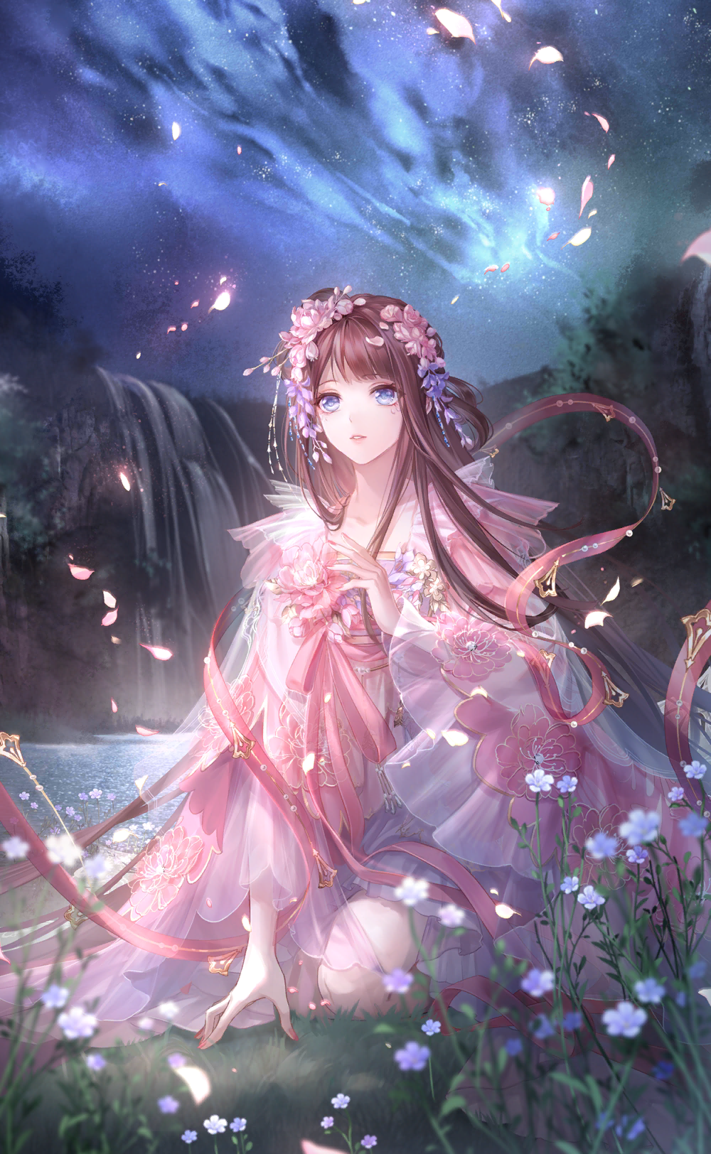 1girl, artist_request, brown_hair, camellia, chinese_clothes, collarbone, expressionless, fleeting_dream_(shining_nikki), floral_print, flower, full_body, game_cg, grass, hagoromo, hair_flower, hair_ornament, hair_rings, hand_on_ground, hanfu, highres, kneeling, knees, lake, light_blush, light_particles, lipstick, long_hair, long_sleeves, looking_ahead, makeup, mole, mole_under_eye, nail_polish, night, nikki_(series), official_art, on_ground, outdoors, parted_lips, petals, pink_flower, pink_hanfu, pink_lips, pink_nails, purple_flower, shawl, shining_nikki, sky, solo, square_neckline, star_(sky), starry_sky, very_long_hair, water, waterfall, wide_sleeves, yuntan_(shining_nikki)
