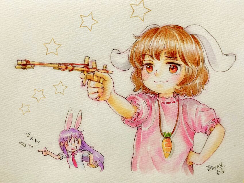 2girls, :3, animal_ears, brown_hair, carrot_necklace, dress, finger_gun, firing