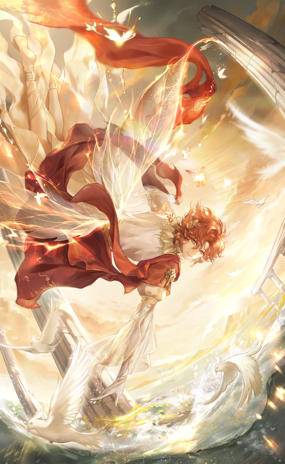 1other, androgynous, animal, armlet, artist_request, barefoot, bird, cape