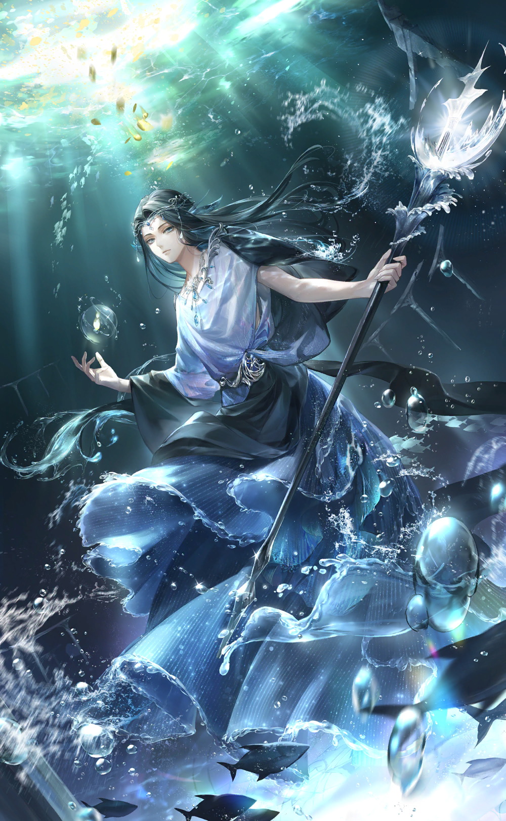 1other, air_bubble, androgynous, arionus_(shining_nikki), artist_request, black_cape, black_hair, black_skirt