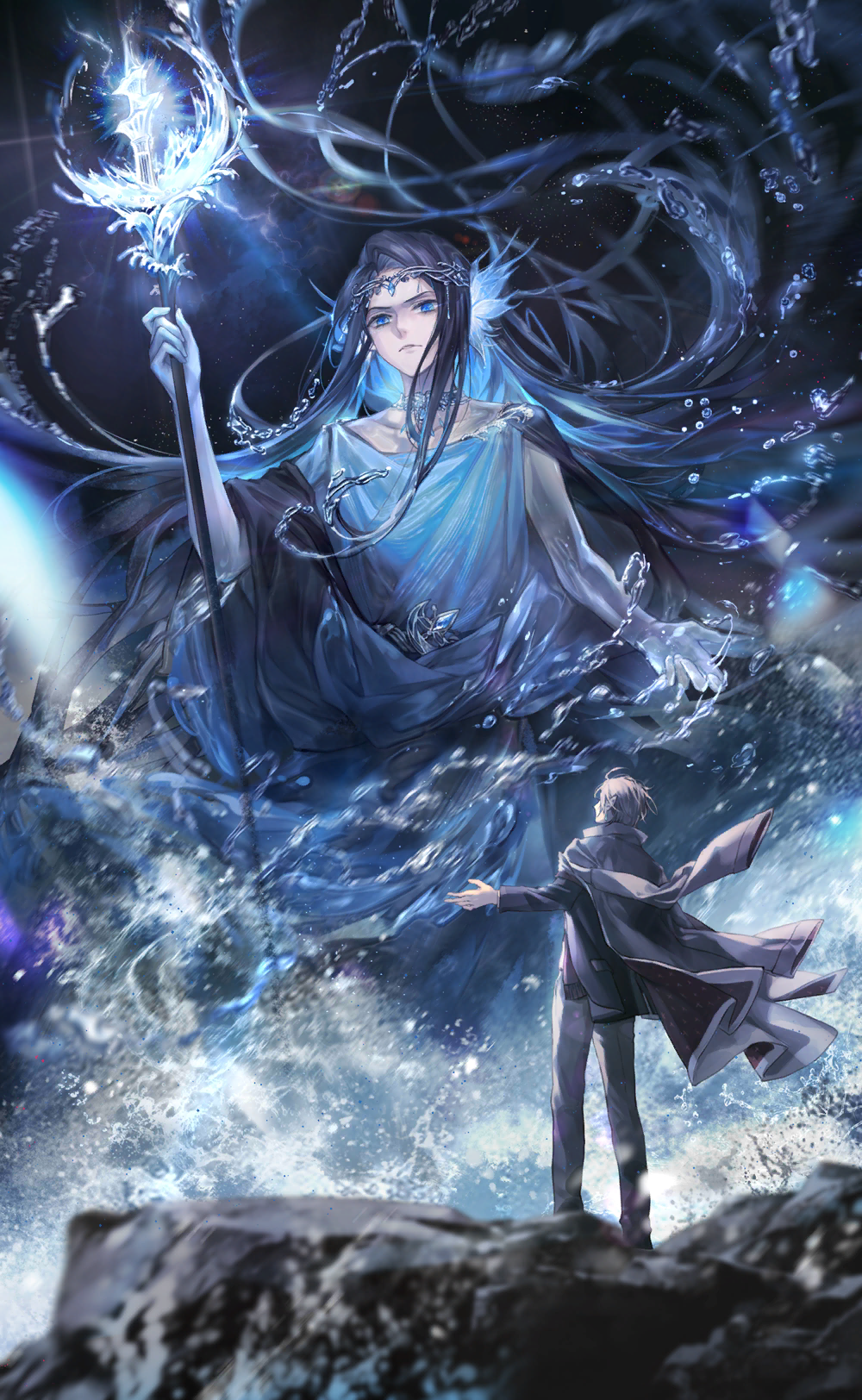 1boy, 1other, absurdly_long_hair, annoyed, arionus_(shining_nikki), artist_request, bare_arms, black_cape, black_hair, black_jacket, black_shoes, blazer, blue_eyes, blue_robe, business_suit, cape, circlet, cliff, closed_mouth, coat, collarbone, suit_pants, dress_shoes, elf, fins, floating_clothes, floating_hair, formal_clothes, from_behind, frown, full_body, furrowed_brow, game_cg, giant, grey_coat, grey_hair, grey_pants, head_fins, highres, holding, holding_polearm, holding_weapon, hydrokinesis, jacket, layered_sleeves, long_hair, long_sleeves, looking_ahead, mercury_(shining_nikki), night, nikki_(series), official_art, outdoors, outstretched_arm, pants, pointy_ears, polearm, robe, shining_nikki, shoes, short_hair, side_cape, sidelocks, size_difference, splashing, suit, trident, very_long_hair, water, water_drop, weapon