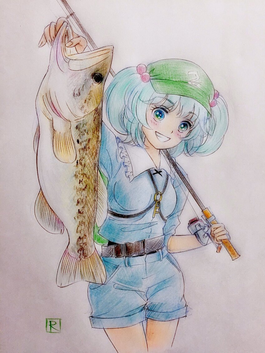 1girl, animal, backpack, bag, bass_(fish), beads, blue_eyes, blue_hair