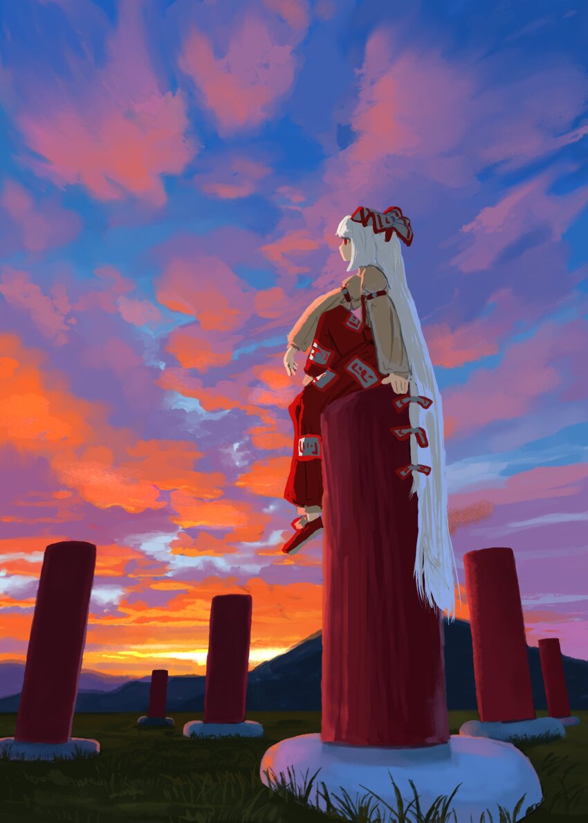 1girl, absurdres, blue_sky, bow, brown_shirt, closed_mouth, cloud, column