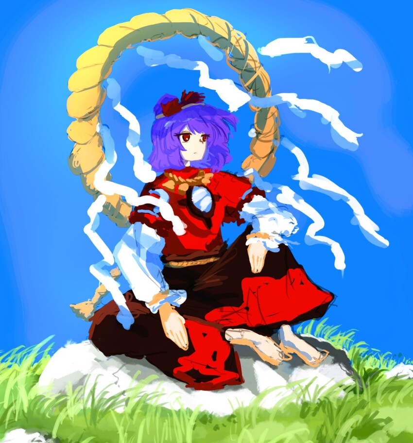 1girl, barefoot, blue_sky, brown_skirt, clear_sky, closed_mouth, commentary_request, day