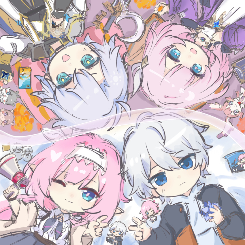 2boys, 4girls, ;), ahoge, blue_eyes, blue_skirt, character_snowman, chimera_(honkai:_star_rail)