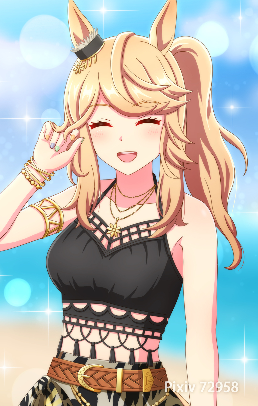 1girl, adjusting_hair, animal_ears, armlet, arms_up, bikini, black_bikini, blue_sky