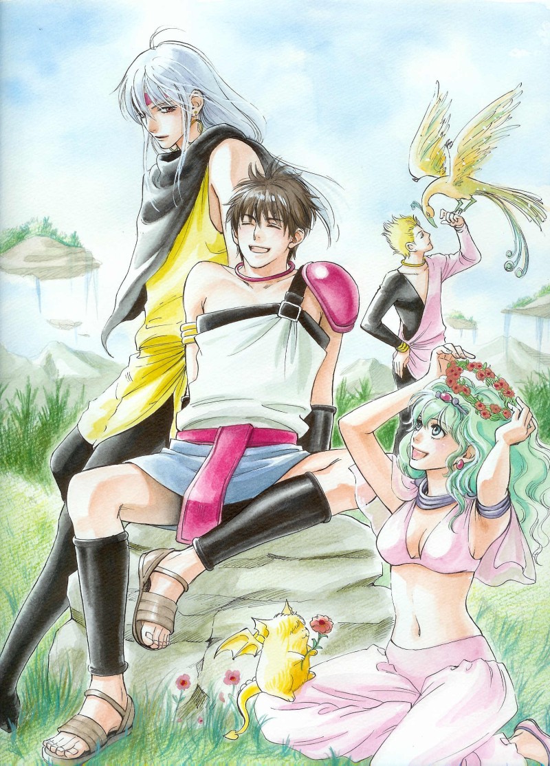 1980s_(style), 1girl, 3boys, bird, blonde_hair, blue_hair, brown_hair, flower