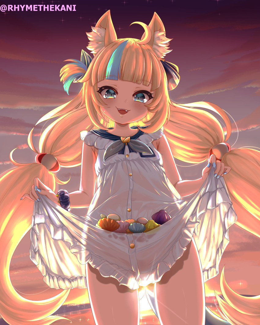 1girl, absurdres, ahoge, animal_ear_fluff, animal_ears, blonde_hair, blue_eyes, blue_hair, blue_nails, cat_ears, clothes_lift, commentary, dress, dress_lift, english_commentary, highres, holding_own_dress, indie_virtual_youtuber, lifting_own_clothes, long_hair, looking_at_viewer, multicolored_hair, rhymeruru, sailor_dress, sameko_saba, see-through_clothes, skirt_basket, sleeveless, sleeveless_dress, smile, solo, streaked_hair, tail, twintails, very_long_hair, virtual_youtuber, white_dress