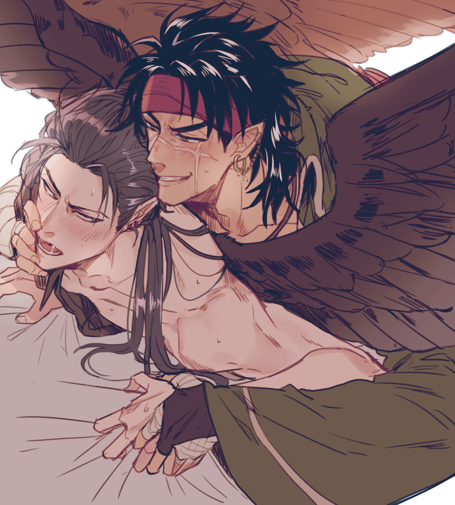 2boys, 5_(femfamme), black_hair, commentary_request, ear_chain, earrings, feathered_wings, fire_emblem