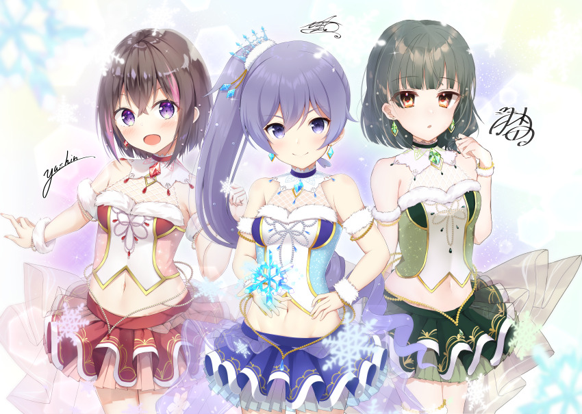 3girls, :d, absurdres, aihara_tsubaki, argentum_2o, artist_collaboration, bare_shoulders, black_hair