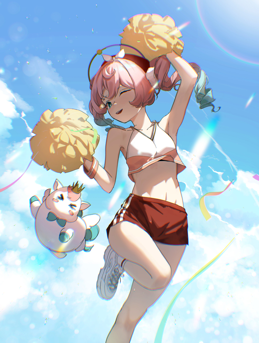 1girl, absurdres, aoba_ao, aqua_eyes, aqua_hair, armpits, blue_sky, breasts, cheerleader, commentary_request, crop_top, drill_hair, highres, holding, holding_polearm, holding_weapon, honkai:_star_rail, honkai_(series), hyacine_(honkai:_star_rail), leg_up, little_ica_(honkai:_star_rail), medium_hair, multicolored_hair, navel, one_eye_closed, outdoors, parted_lips, pegasus, pink_hair, polearm, red_shorts, shoes, short_shorts, shorts, sky, small_breasts, stomach, twin_drills, two-tone_hair, weapon, white_shoes