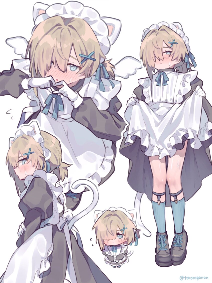 1boy, absurdres, animal_ears, apron, black_dress, black_shoes, blue_eyes, blue_socks