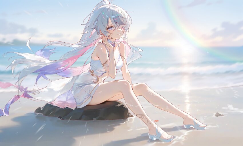 1girl, absurdres, ayumeyatto, bare_shoulders, blue_eyes, blue_hair, blue_sky, blurry, blurry_background, breasts, choker, closed_mouth, cloud, colored_inner_hair, commentary, commission, day, dress, english_commentary, eyelashes, floating_clothes, floating_hair, full_body, hair_over_one_eye, hand_up, high_heel_sandals, high_heels, highres, indie_virtual_youtuber, leaning_forward, long_hair, looking_at_viewer, medium_breasts, multicolored_hair, noa_talent, ocean, on_rock, one_eye_covered, outdoors, pink_hair, ponytail, rainbow, rock, sandals, sayu_sincronisity, short_dress, sitting, sky, sleeveless, sleeveless_dress, smile, solo, spaghetti_strap, sundress, two-tone_hair, very_long_hair, virtual_youtuber, white_choker, white_dress, white_sandals, wind