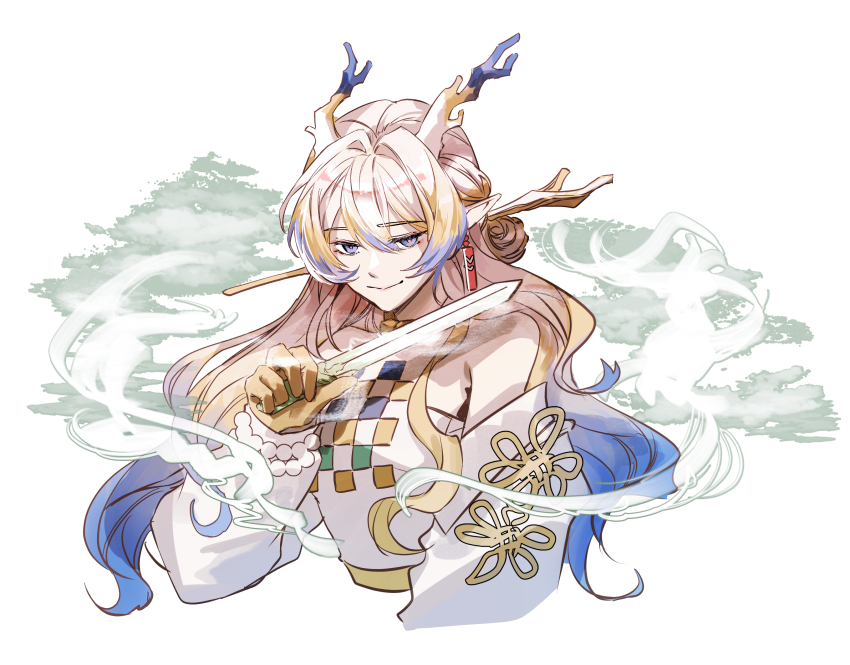 1girl, amol_0522, antlers, arknights, bare_shoulders, blue_eyes, brown_gloves, closed_mouth