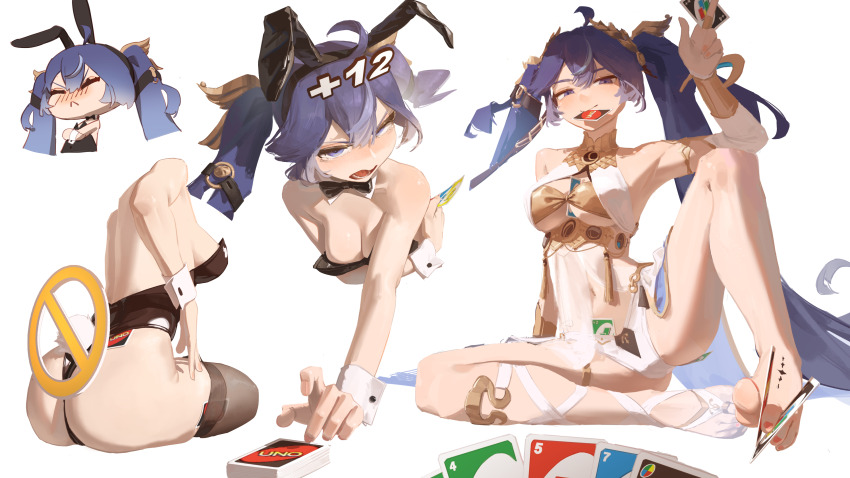 1girl, :<, absurdres, ahoge, alternate_costume, ancient_greek_clothes, animal_ear_hairband, animal_ears, arm_up, armpits, ass, bare_legs, bare_shoulders, black_bow, black_bowtie, black_leotard, black_thighhighs, blue_eyes, blue_hair, blush, bow, bowtie, breasts, card, closed_mouth, commentary, fake_animal_ears, feet, fried_frog, gold_bra, greco-roman_clothes, hairband, hand_up, head_wreath, highres, holding, holding_card, holding_with_feet, iuno_(wuthering_waves), jewelry, legs, leotard, long_hair, looking_at_viewer, medium_breasts, mouth_hold, multiple_views, open_mouth, playboy_bunny, pout, rabbit_ear_hairband, rabbit_ears, simple_background, smile, strapless, strapless_leotard, tacet_mark_(wuthering_waves), thighhighs, thighs, toe_ring, toes, twintails, underboob, uno_(game), v-shaped_eyebrows, very_long_hair, white_background, white_wrist_cuffs, wrist_cuffs, wuthering_waves