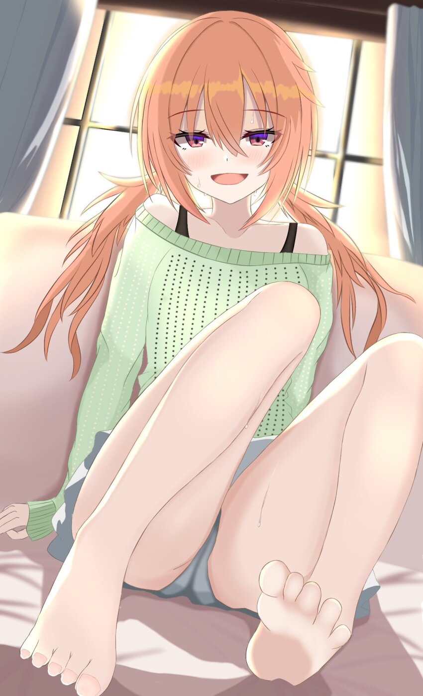 1girl, :d, backlighting, bare_legs, bare_shoulders, barefoot, blush, casual