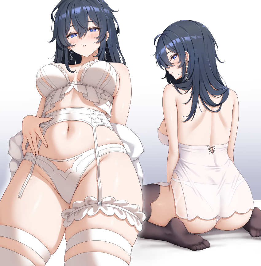 1girl, absurdres, ass, black_hair, black_thighhighs, blue_eyes, blush, bra, breasts, from_behind, hair_between_eyes, highres, indie_virtual_youtuber, large_breasts, long_hair, looking_at_viewer, multiple_views, navel, panties, secon, seol_(teacuppity)_(vtuber), skindentation, stomach, thigh_strap, thighhighs, thighs, underwear, virtual_youtuber, white_bra, white_panties, white_thighhighs