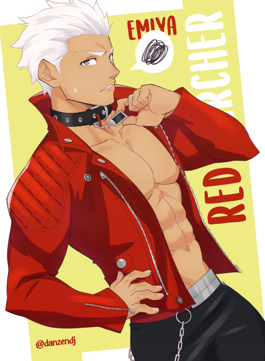 1boy, abs, absurdres, animal_collar, archer_(fate), black_pants, chain, character_name