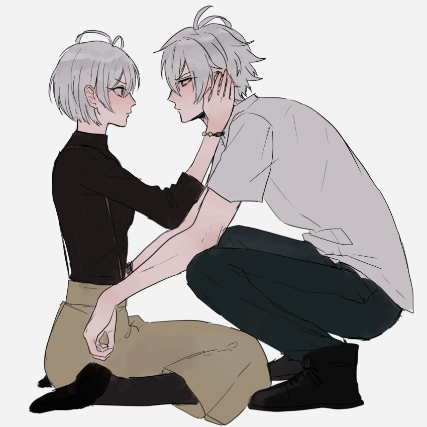 1boy, 1girl, ankle_boots, antenna_hair, aohitsugi_nemu, aohitsugi_samatoki, bead_bracelet, beads