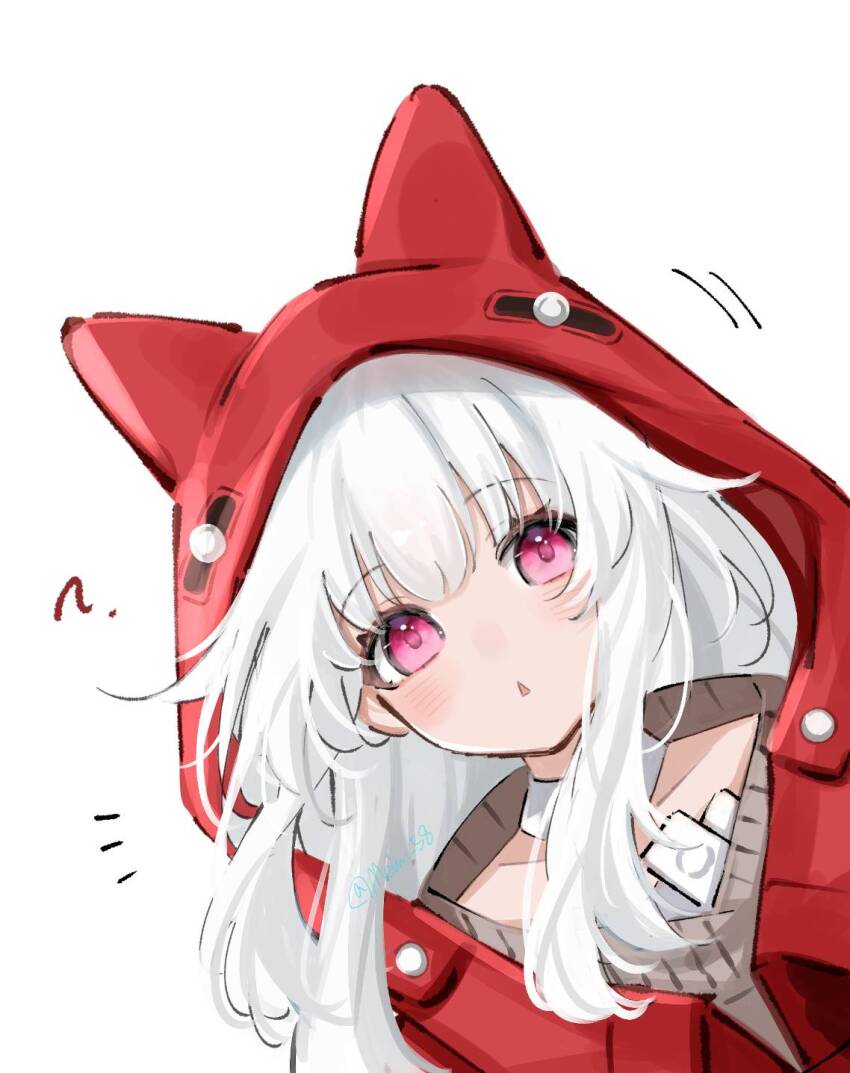 1girl, ?, animal_hood, choker, clara_(honkai:_star_rail), commentary_request, highres, honkai:_star_rail, honkai_(series), hood, jacket, looking_at_viewer, medium_hair, memi_58, notice_lines, parted_lips, peeking_out, pink_eyes, red_jacket, sidelocks, simple_background, solo, triangle_mouth, upper_body, white_background, white_choker, white_hair