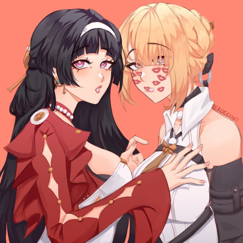 2girls, absurdres, astra_yao, black_hair, blonde_hair, breasts, chest_harness, collared_shirt