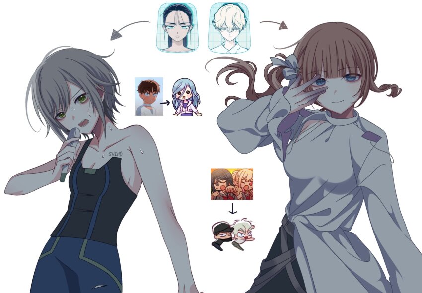 4boys, 6+girls, alien_stage, arrow_(symbol), black_tank_top, blue_pants, bow, brown_hair