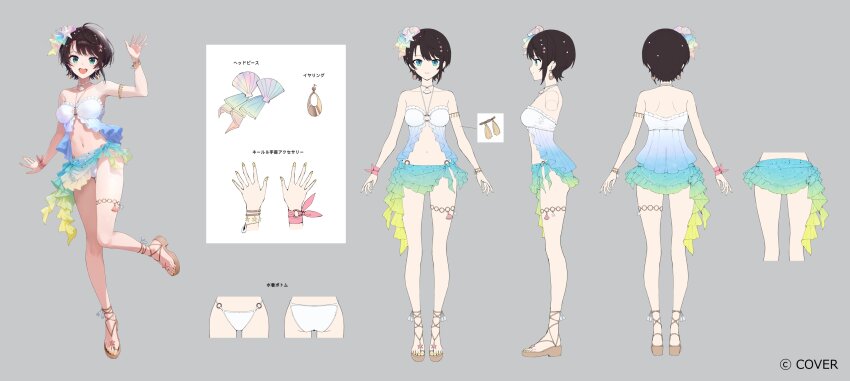 1girl, :d, absurdres, bikini, black_hair, blue_eyes, bracelet, closed_mouth