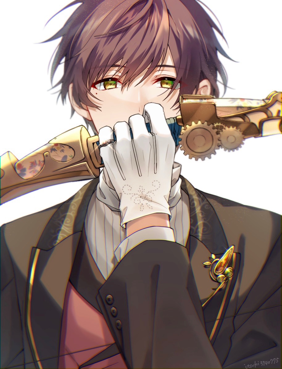 1boy, artist_name, black_jacket, bow_(weapon), brown_hair, bungou_to_alchemist, covered_mouth, cuff_links, floral_print, gears, glint, gloves, green_eyes, hair_between_eyes, hand_up, holding, holding_bow_(weapon), holding_weapon, itsuki3740775, jacket, lapel_pin, lapels, long_sleeves, looking_at_viewer, male_focus, matsuoka_yuzuru_(bungou_to_alchemist), mole, mole_under_eye, peaked_lapels, pinky_ring, red_vest, shirt, simple_background, solo, straight-on, suit_jacket, vest, weapon, white_background, white_gloves, white_shirt