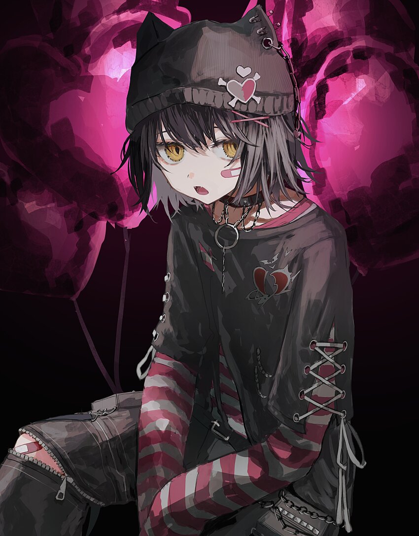 absurdres, arm_warmers, bandaid, bandaid_on_face, bandaid_on_leg, beanie, belt, black_belt