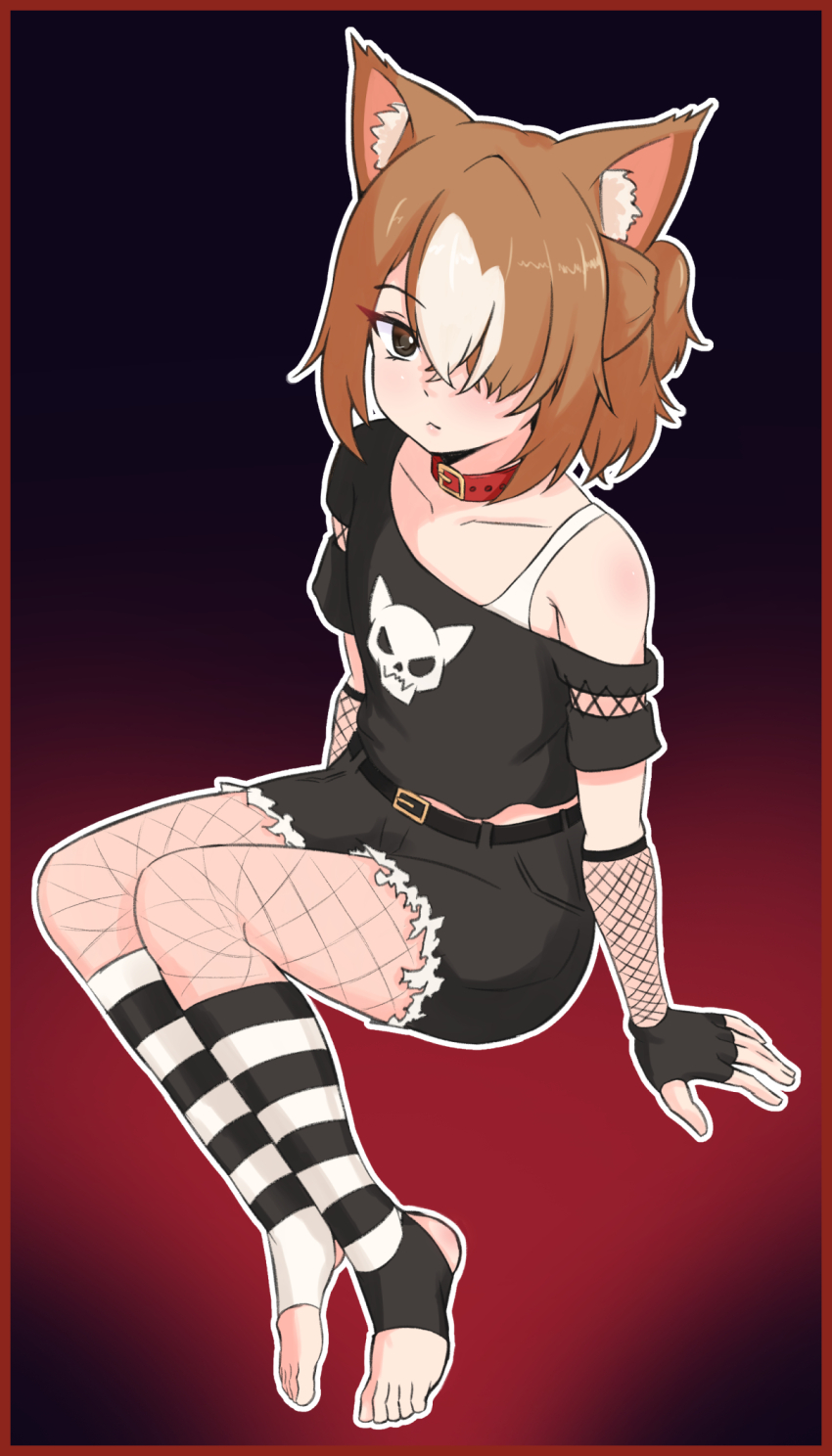 1girl, alternate_costume, animal_ears, belt, black_background, black_gloves, black_shirt, black_socks