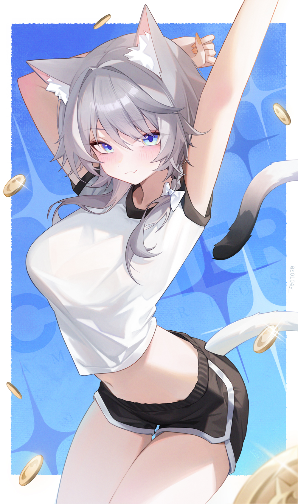 1girl, alternate_costume, animal_ears, arms_behind_head, arms_up, black_shorts, blue_eyes, bow, bra_visible_through_clothes, braid, breasts, cat_ears, cat_girl, cat_tail, cipher_(honkai:_star_rail), closed_mouth, clothing_cutout, coin, crop_top, dolphin_shorts, fang, grey_hair, hair_bow, highres, honkai:_star_rail, honkai_(series), long_hair, looking_at_viewer, medium_breasts, midriff, navel, s0104y, see-through_cleavage, see-through_clothes, shirt, short_shorts, shorts, smile, solo, stomach, tail, tail_raised, tail_through_clothes, thighs, white_shirt