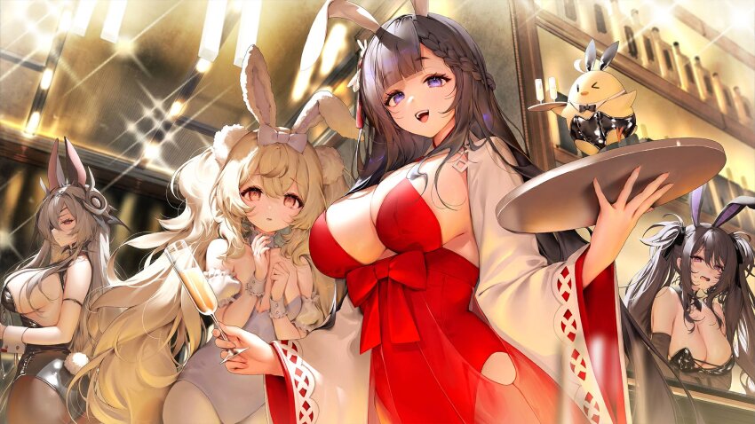 4girls, :d, animal_ears, azur_lane, bar_(place), black_hair, black_leotard, black_pantyhose