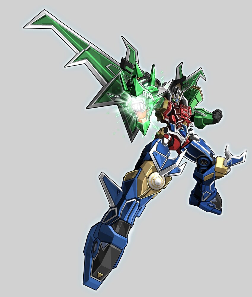 absurdres, aiming, aiming_at_viewer, arm_cannon, armor, blue_armor, clenched_hand, duel_monster, green_armor, green_wings, grey_background, highres, mecha, mechanical_wings, paper_bot, red_armor, robot, simple_background, solo, super_quantal_mech_king_great_magnus, tokusatsu, weapon, wings, yu-gi-oh!
