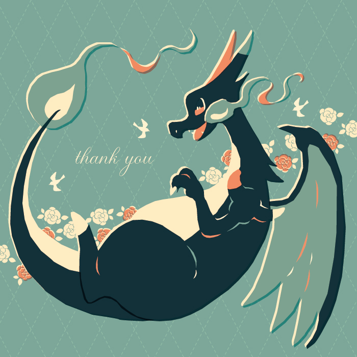 blue_background, charizard, claws, fangs, fire, flame-tipped_tail, flower, full_body, gen_1_pokemon, limited_palette, manami_(uovoegg), mega_charizard_x, mega_pokemon, nintendo, no_humans, nostrils, open_mouth, pokemon, pokemon_(creature), simple_bird, solo, tail