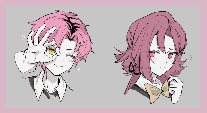 1boy, 1girl, azurierakey, black_ribbon, bow, bowtie, closed_mouth, diana_venicia