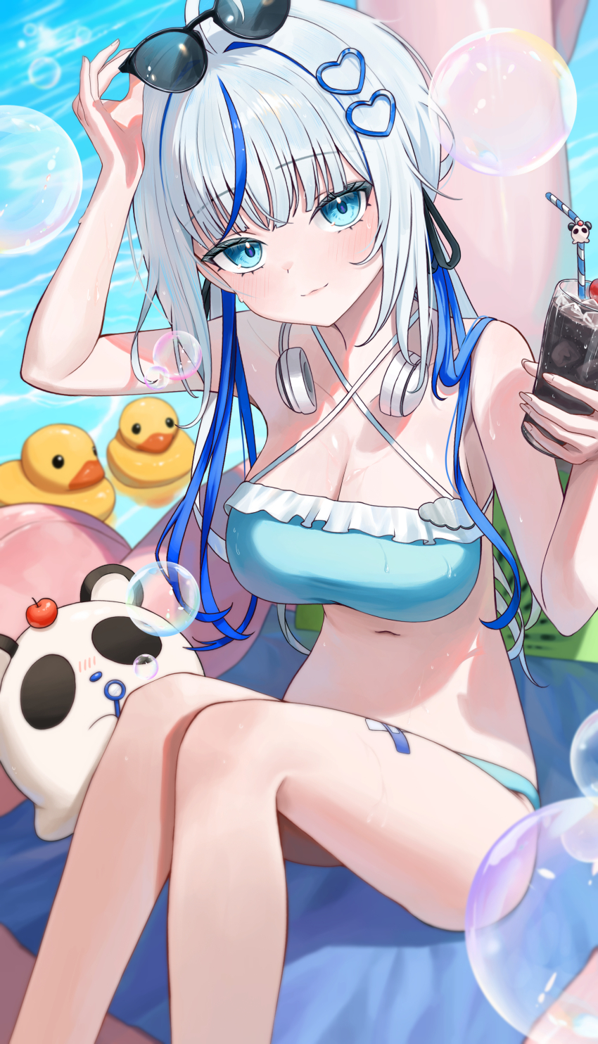 1girl, absurdres, adjusting_eyewear, ahoge, aokumo_rin, arm_up, bare_shoulders, bikini