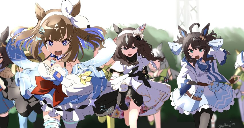 6+girls, ahoge, almond_eye_(umamusume), animal_ears, black_hair, blue_eyes, brown_eyes, brown_hair, commentary_request, contrail_(racehorse), curren_bouquetd'or_(umamusume), daring_tact_(umamusume), detached_sleeves, hair_ornament, hairband, highres, horse_ears, horse_girl, horse_tail, jacket, japan_cup, long_hair, looking_at_viewer, multiple_girls, open_mouth, running, scene_reference, tail, thighhighs, twitter_username, umamusume, yukke_jan
